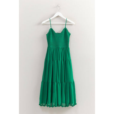 Sunset Serenade Dress Chiffon Smocked Bodice Tiered Midi Dress