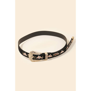 Flower Embroidered Etch Buckle Belt
