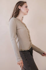 Rosette V-Neck Lace Trim Fitted Knit Top