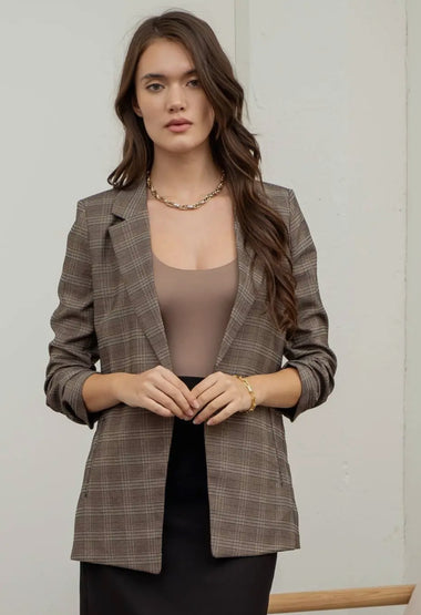 Plaid Ruched 3/4 Sleeve Blazer