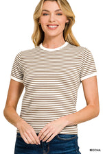 Striped Contrast Trim Ribbed Tee