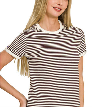 Striped Contrast Trim Ribbed Tee