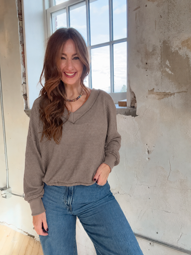 Easy Days Relaxed V-Neck Waffle Knit Top