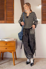 Tribal Split Neck Striped Sweater
