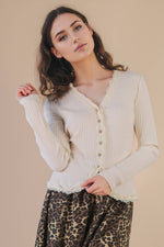 Rosette V-Neck Lace Trim Fitted Knit Top