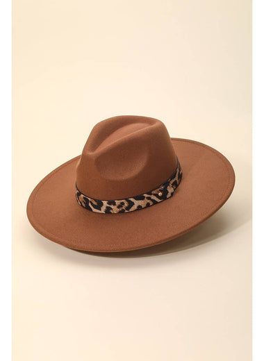 Leopard Strap Flat Brim Fedora Hat