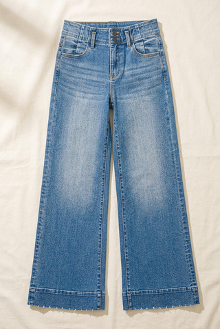 Light-wash wide-leg jeans flat lay